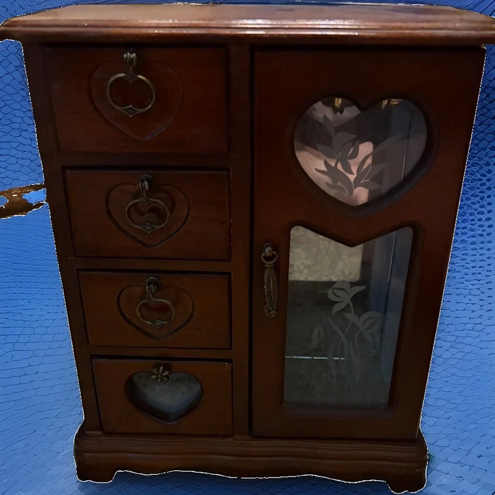 Vintage Wood Jewelry Armoire Box Heart Drawers Etched Glass Door 11